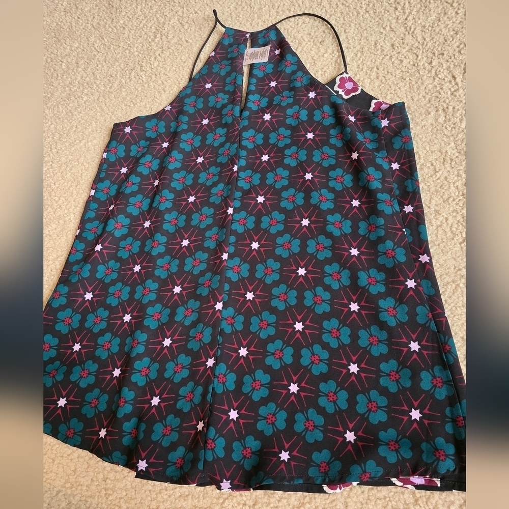 🌈 REVERSIBLE Express Barcelona Blue Green Floral Sleeveless V Neck Size Small - Picture 5 of 7